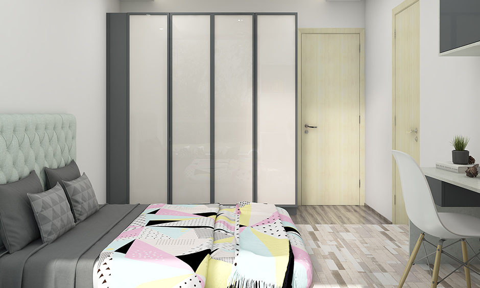 Master bedroom wardrobe colours in grey and white combination design.