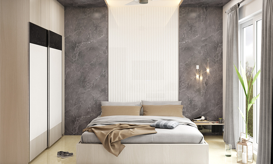 Wardrobe designed with the warmth of natural and neutral colours in the bedroom is sunmica colour for wardrobe.