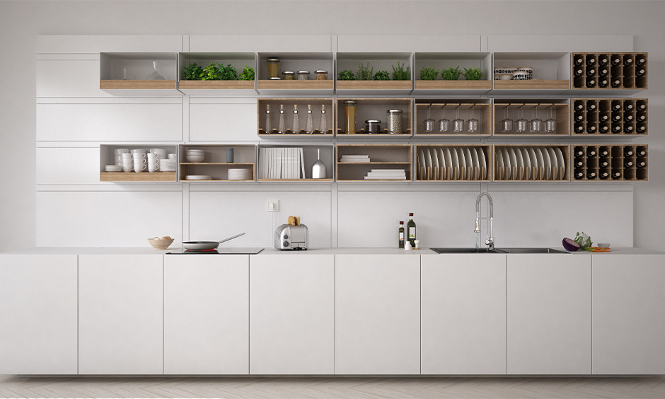 One wall white kitchen open shelves designed with shelves for optimum storage and a wine rack.