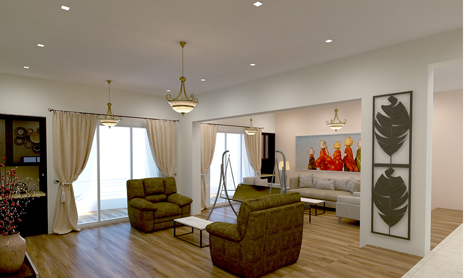 Living room modern ceiling lights with ornate style hanging lamps lend a soft and focused light across the room.