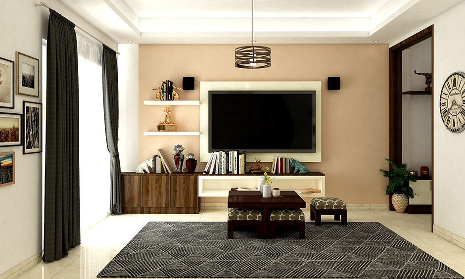 Pastel paint coloured accent wall in living room adds spacious and bright look