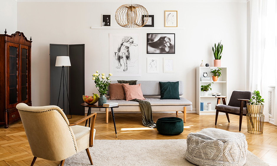 Home decor ideas for white living room with pouffe