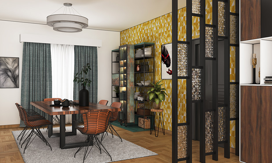 Mustard yellow wallpaper on the wall brings a premium look and a professional fit and finish.
