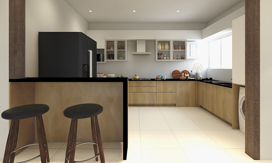 Simple kitchen partition design with simple, wooden framed countertop