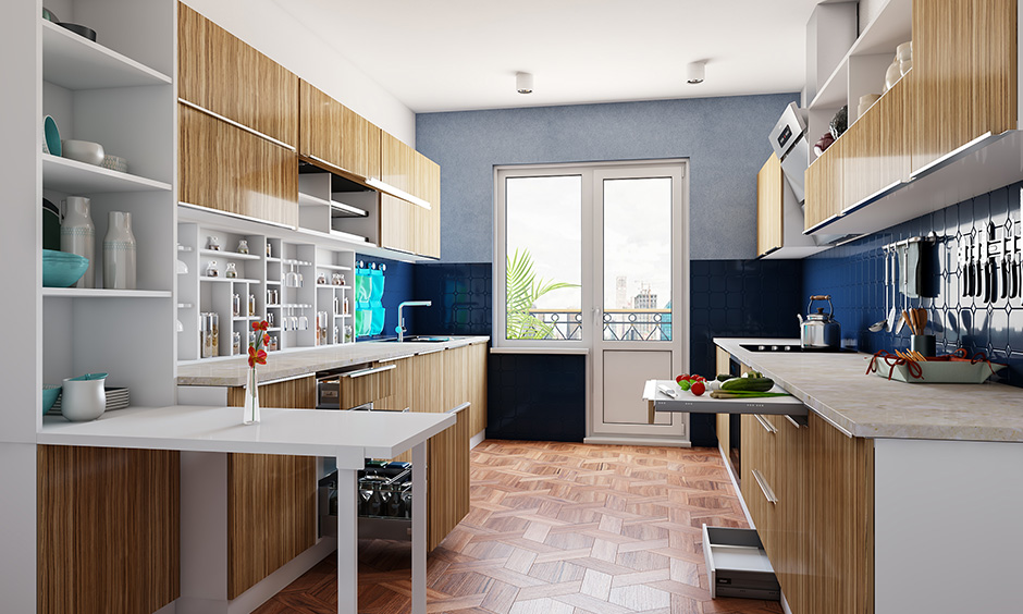 White space-saving parallel modular kitchen design with large wall-mounted cabinets