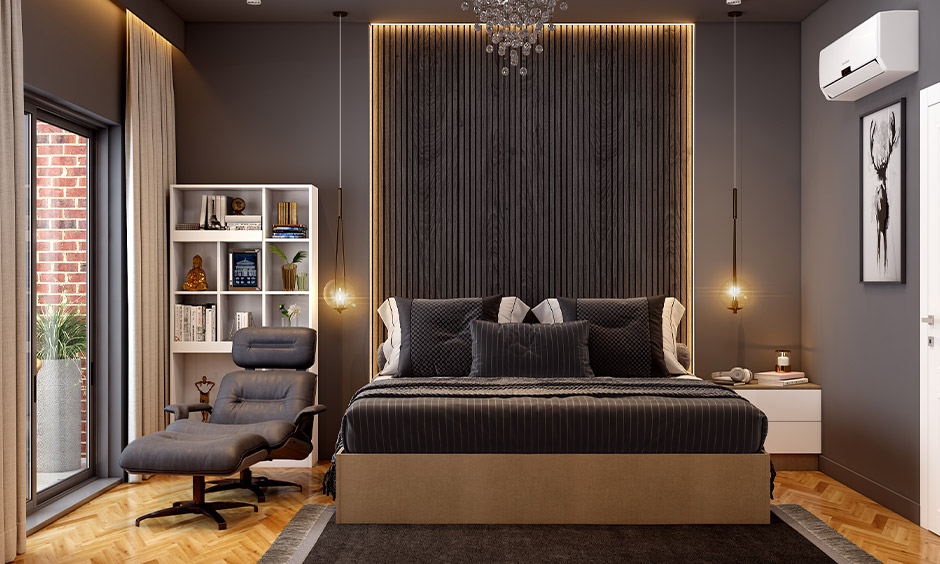 A dark grey bedroom ceiling colour creates a seamless look
