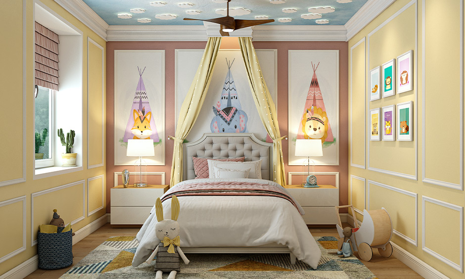 Kids room with blue ceiling paint