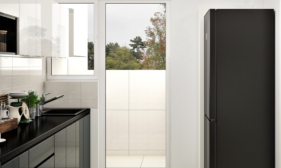 Parallel kitchen with African galaxy black granite countertop and glossy white cabinets