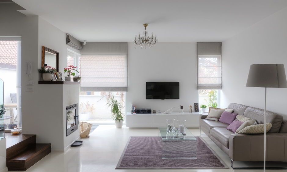 Blind white modern curtains for living room made from comfortable and soothing fabrics bring charm to the area.
