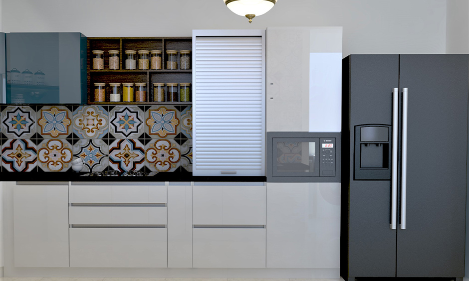 White kitchen rolling shutter rewards the kitchen with the luxury of space and looks aesthetic.