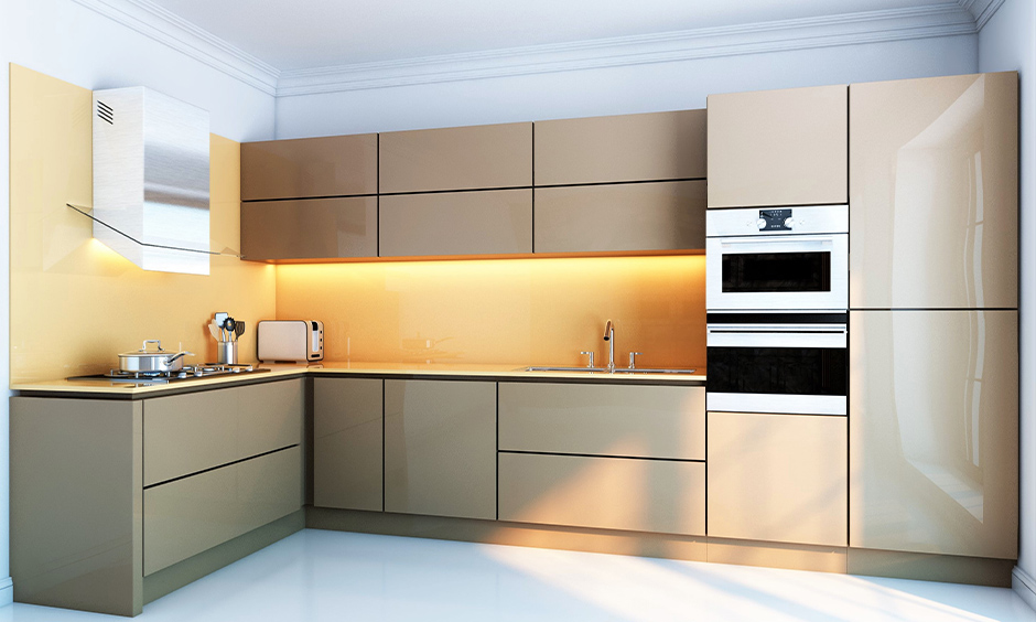 Lacquered sleek kitchen shutters in a cream colour finish are moisture dust resistant.