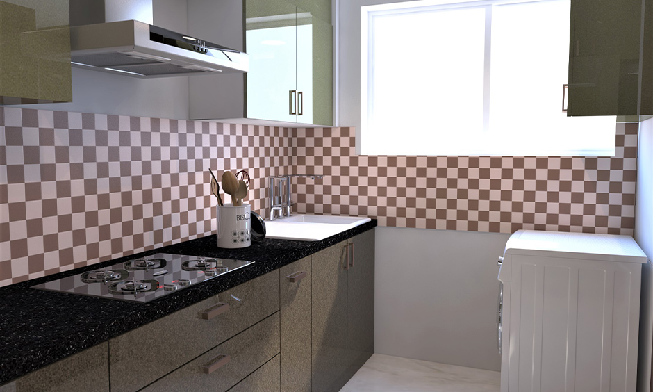 Kitchen has nero cosmic black granite countertop accentuates the beauty of the brown and white-tiled backsplash.