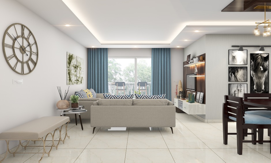 Ultra-modern curtain design for living room with blue curtains end up adding the right kind of charm to space.