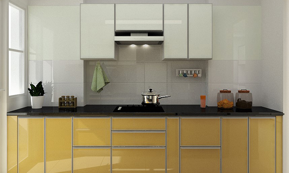 This modular kitchen shutter in UV-finish has a superior shine quality and blend well with matt-finished kitchen elements.