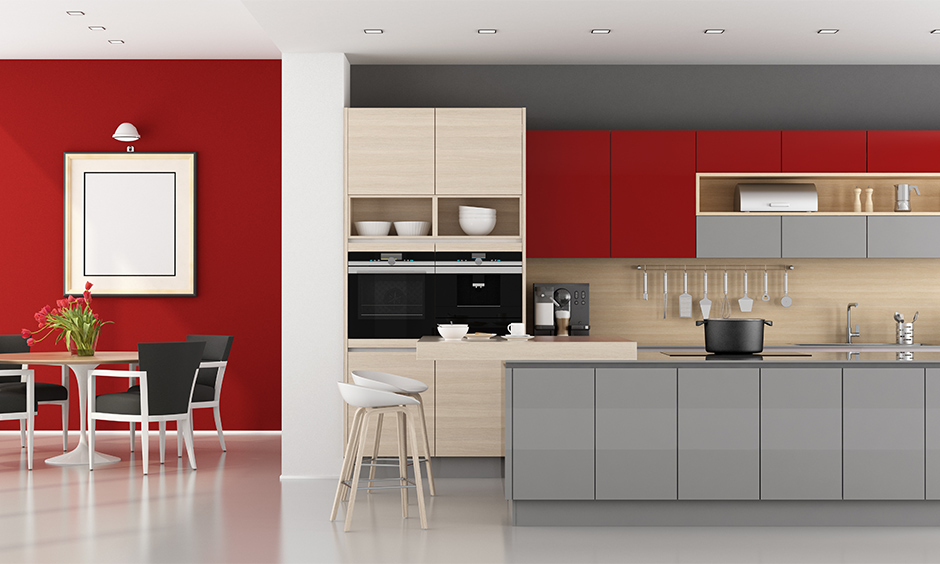 Red and grey kitchen cabinets combinations lends a traditional vibe