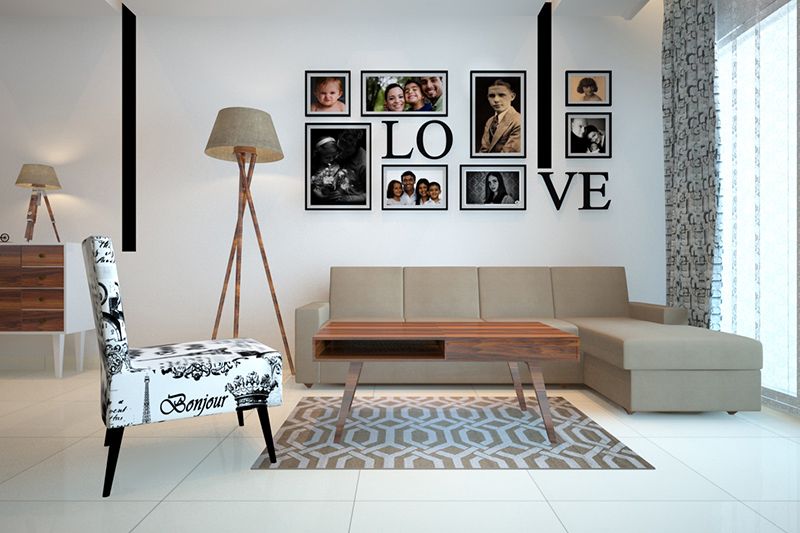 Low cost contemporary look living room with a reupholster chair lends a spark to space and is a budget-friendly option