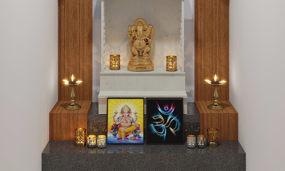 Modern small pooja room designs in apartments with white vitrified tiled wall