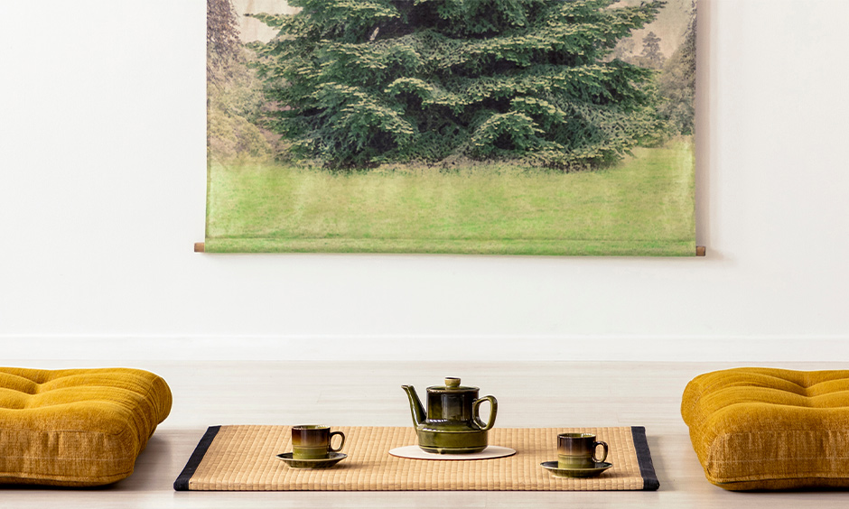 Two flat dark yellow ancient Japanese styled floor cushion, floor seating idea.