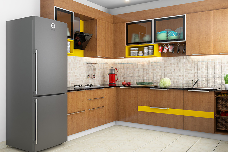 Clutter-free kitchen cabinet rack designed to hold crockery items with glass door look minimalistic.