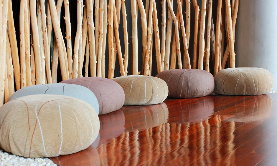 Floor cushion seating idea, cushions with different textures and colours look funky in the area.