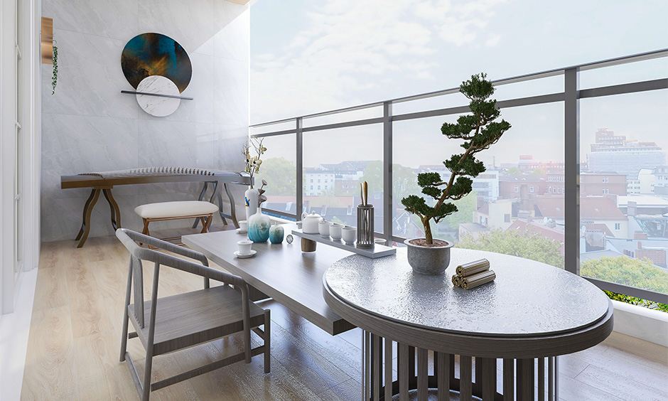 Grey and brown indian balcony colour with its inherent warmth for balcony design for modern and minimalistic homes