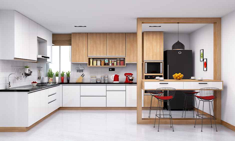 Best finish for kitchen cabinets, The kitchen has both glossy white cabinets and light wood finish cabinets.