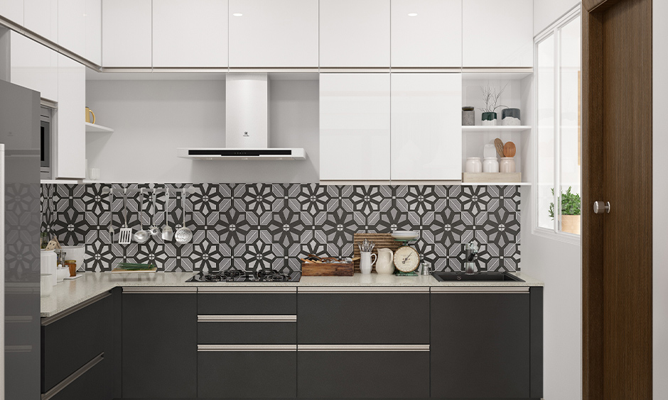 L-shaped Indian kitchen cabinet finishes in both glossy and matt combination bring aesthetic to the area.