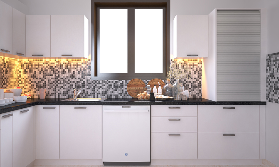 Under kitchen cabinet lighting option with bright yellow light gives a funky touch to the area.