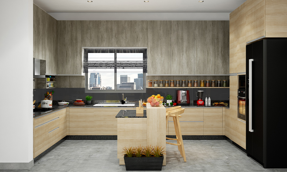Wooden matte finish kitchen cabinets with incredible texture in the island kitchen look ultra-sleek.