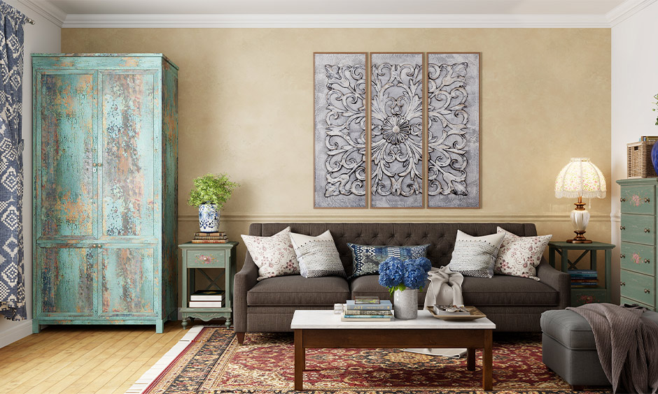 Old almirah decoration, living room reclaimed wardrobe decorated with paint gives a rustic look.