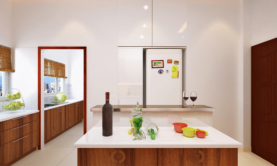 White kitchen island countertop with wooden storage is a trendy option for kitchen