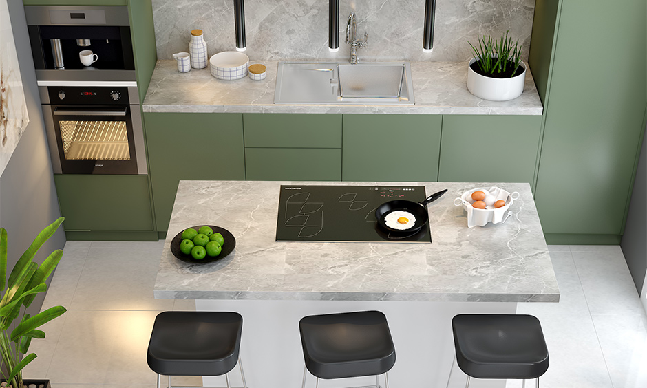 Kitchen island countertop infused with white marble