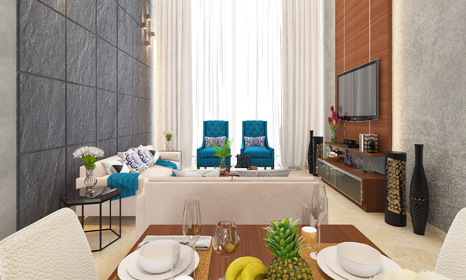 Two colour combinations for home living cum dining area in teal and grey