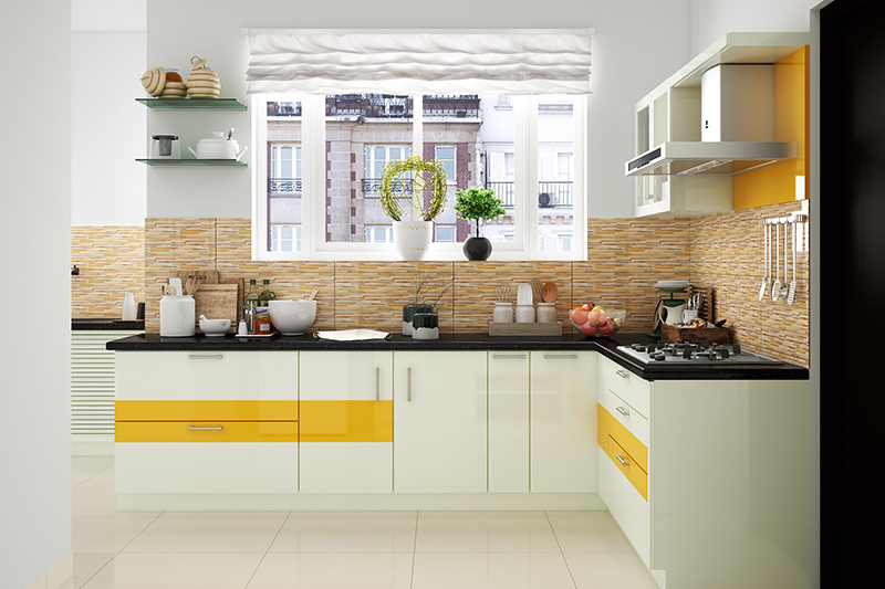 Kitchen renovation ideas, an l-shaped kitchen has cabinets with laminates, backsplash and countertop contemporary look.