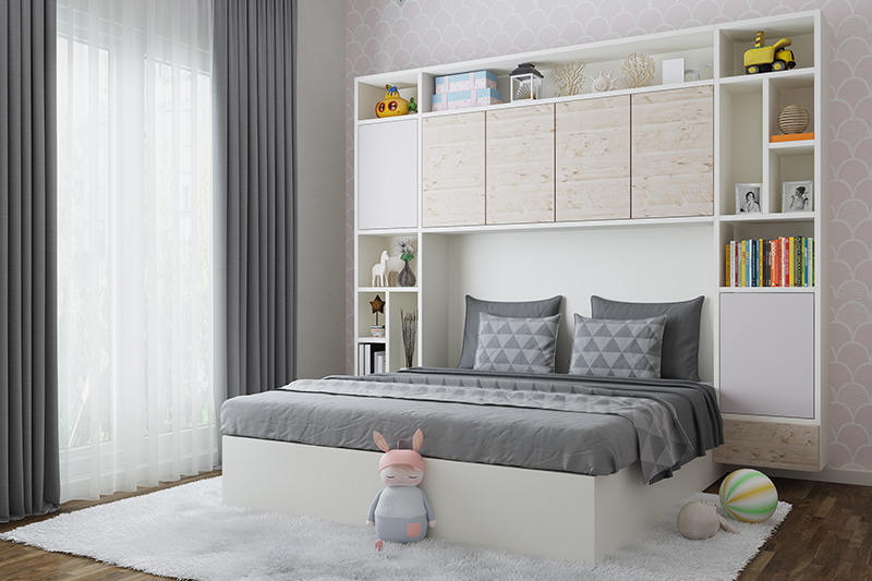 House renovation for kids bedroom design with bookshelves attached to the bed and wooden flooring looks elegant.
