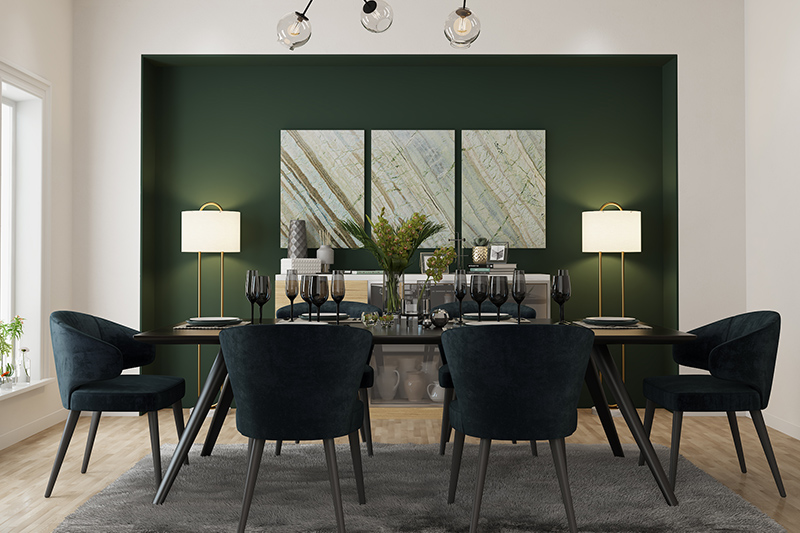 Home renovation ideas for dining room with a pendant light and olive-green accent wall modern.