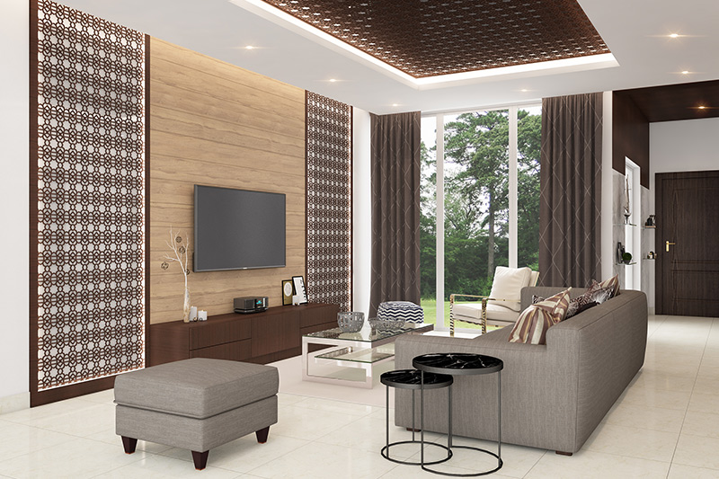 Old house renovation ideas for living room with wooden wall, curtains and lights enhance the look.