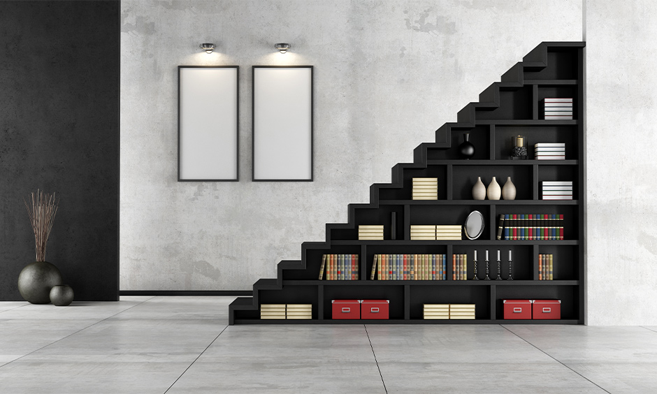 Contemporary staircase and open bookshelf in the black colour is a clever space-saving design