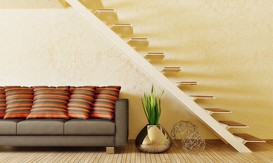 The modern contemporary staircase has an almost ladder-like appearance with wooden steps that adds minimalistic look