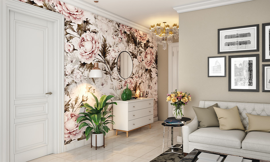 Modern home decor wallpaper in floral pattern creates an aesthetic vibe to the foyer space