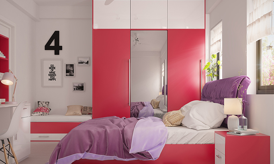 A space-saving wardrobe design with attached mirror that completely blends with the bedroom's interior.