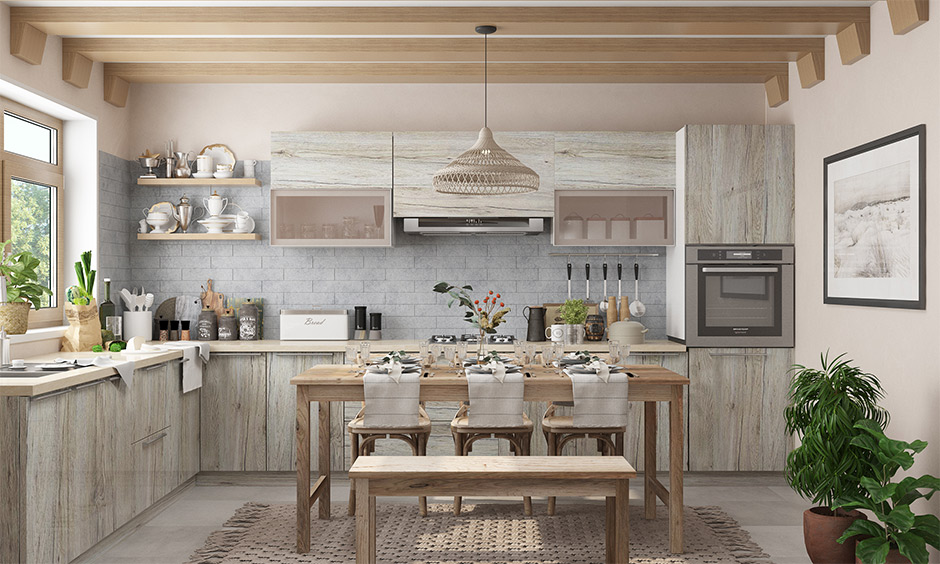A japanese interior design kitchen with a dining set up and wabi sabi inspired kitchen 