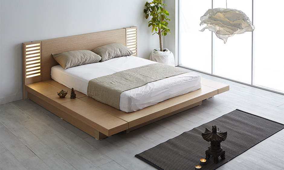 A peaceful zen bedroom with japanese home interior with a low-lying platform bed