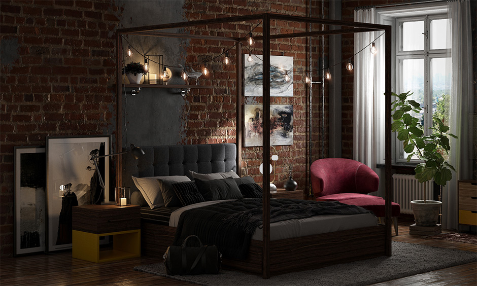 Modern rustic bedroom decor with airy curtains, indoor plants and exposed bulb lighting