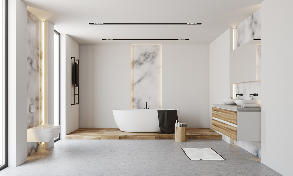 An elegant modern japanese interior design bathroom for peaceful shower hours