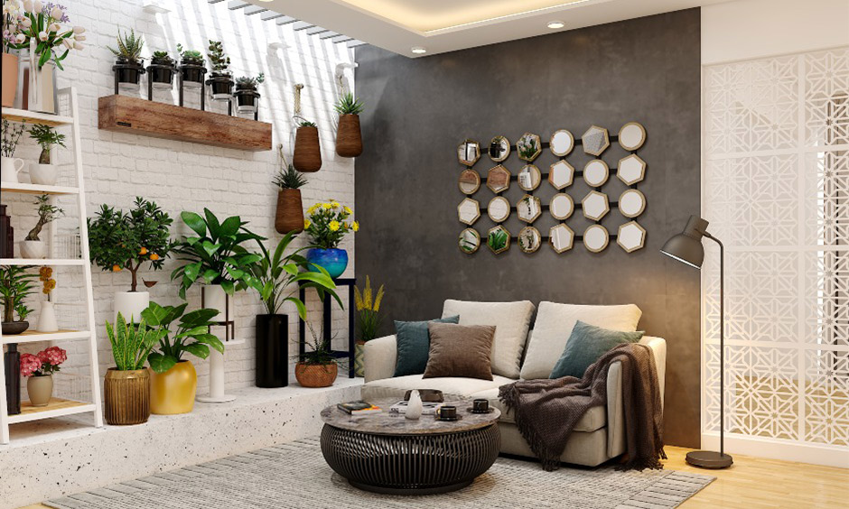 Bohemian home decor with bamboo mirrors and indoor plants in the living room brings a refreshing look.
