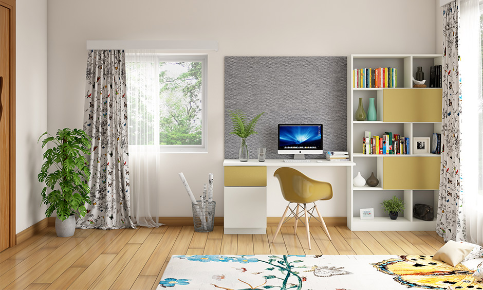 A contemporary home office desk attached with shelves giving a complete workstation look.