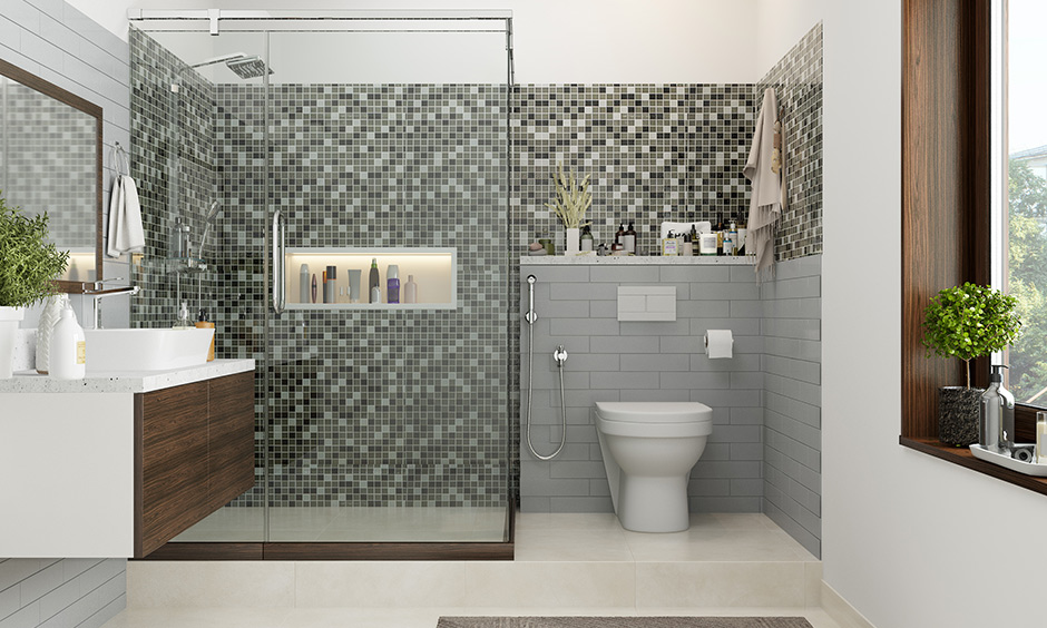 Framed bathroom design glass door creates a separate shower enclosure