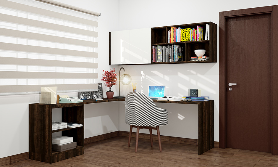 contemporary home office desk in L-shape with overhead cabinets