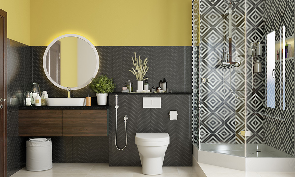 A modern bathroom glass door design in a hexagonal shape creates ample room for different utilities